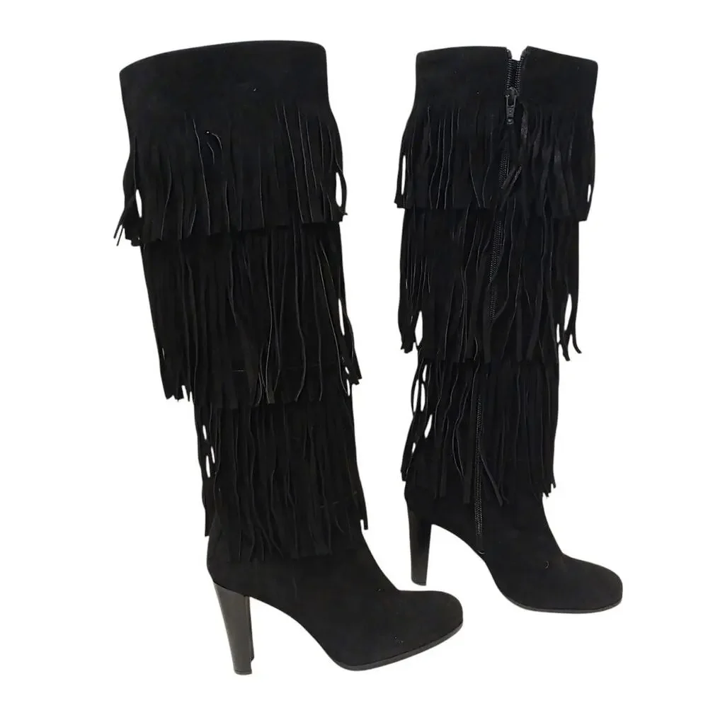 Stuart Weitzman Fringie Black Suede Fringe Boots 7.5 M Over The Knee Western NEW